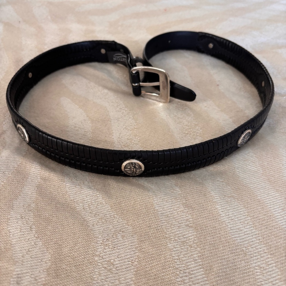 NWOT Brighton Women’s Black Leather Golf Theme Belt with Silver Detailing Sz 36